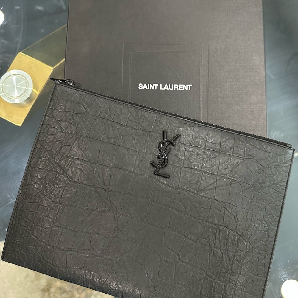 Saint Laurent Black Croc Embossed Clutch